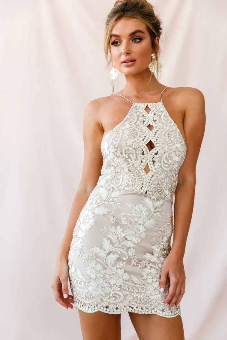 Havilah Halterneck Embroidery Dress Gold