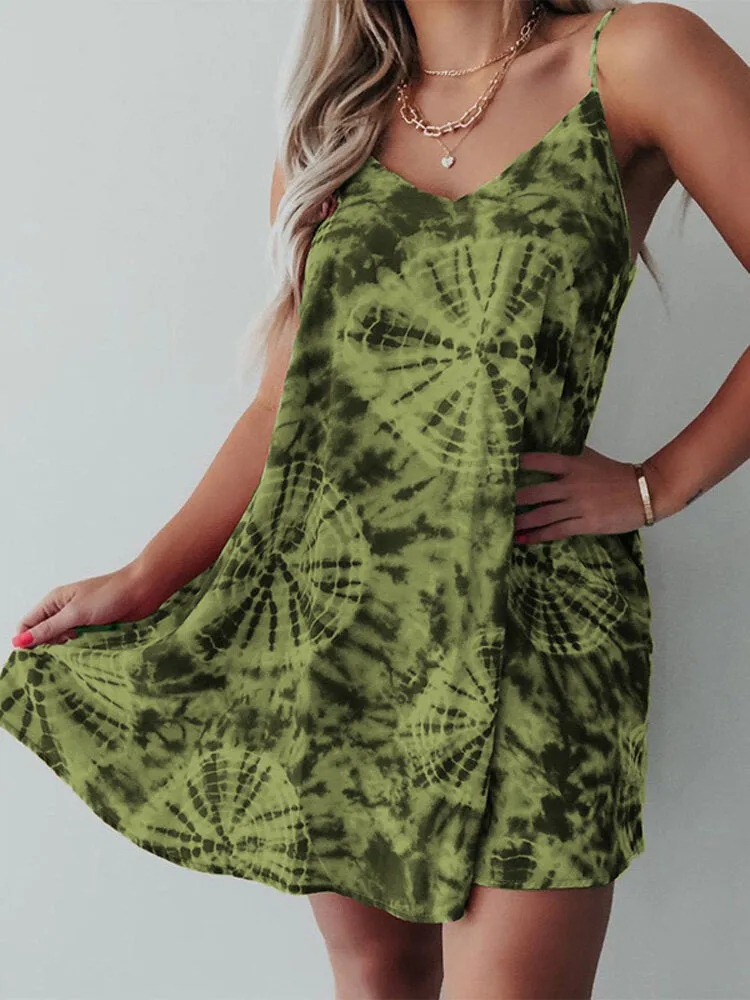 Holiday Tie-dye Print Beach Sling Dresses Women Mini Dress