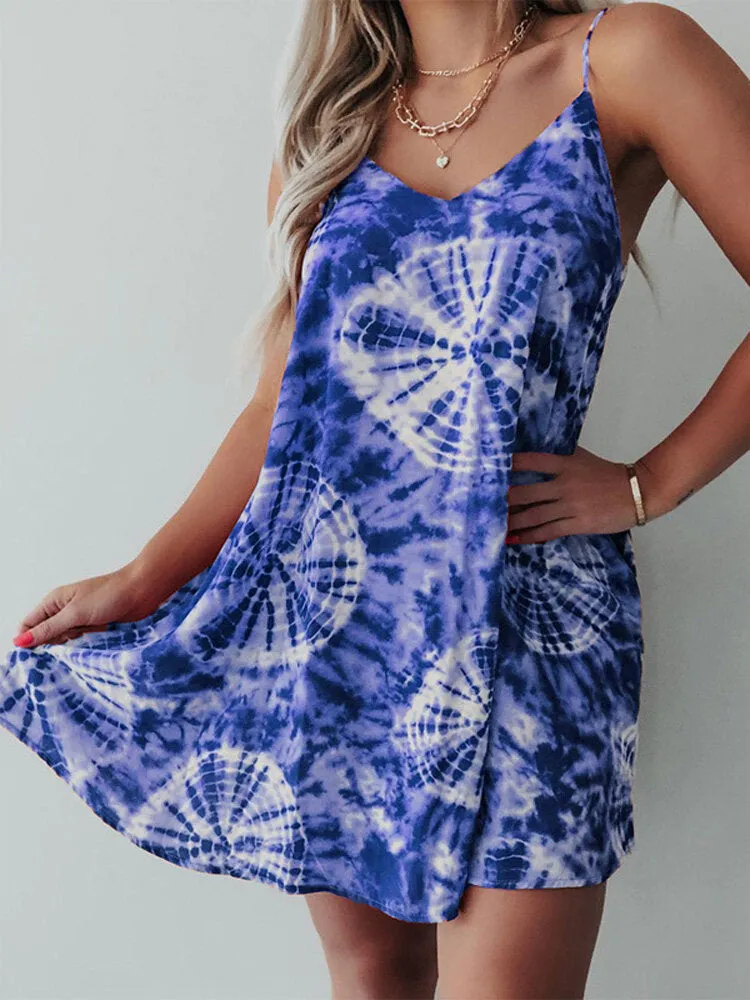 Holiday Tie-dye Print Beach Sling Dresses Women Mini Dress