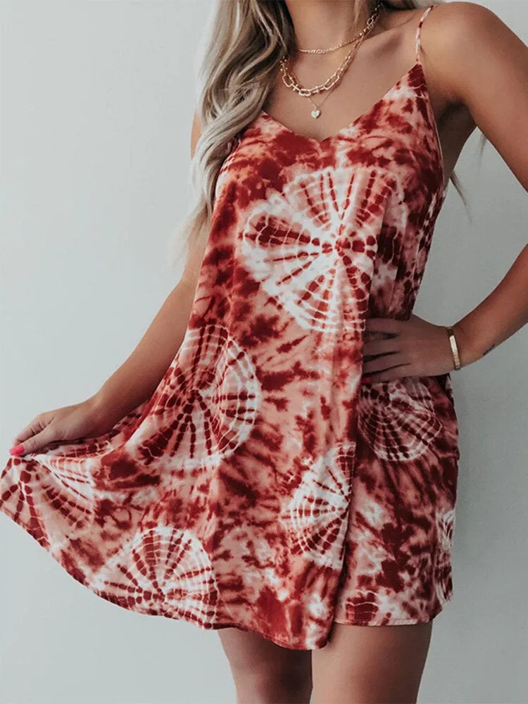 Holiday Tie-dye Print Beach Sling Dresses Women Mini Dress