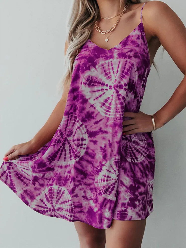 Holiday Tie-dye Print Beach Sling Dresses Women Mini Dress