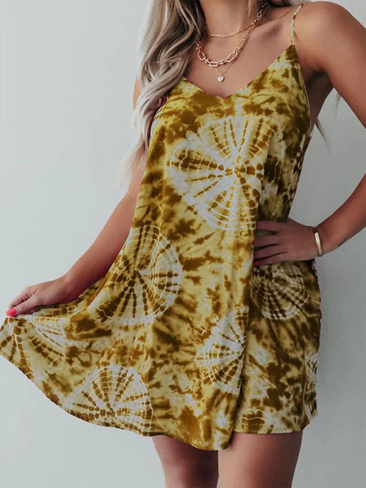 Holiday Tie-dye Print Beach Sling Dresses Women Mini Dress