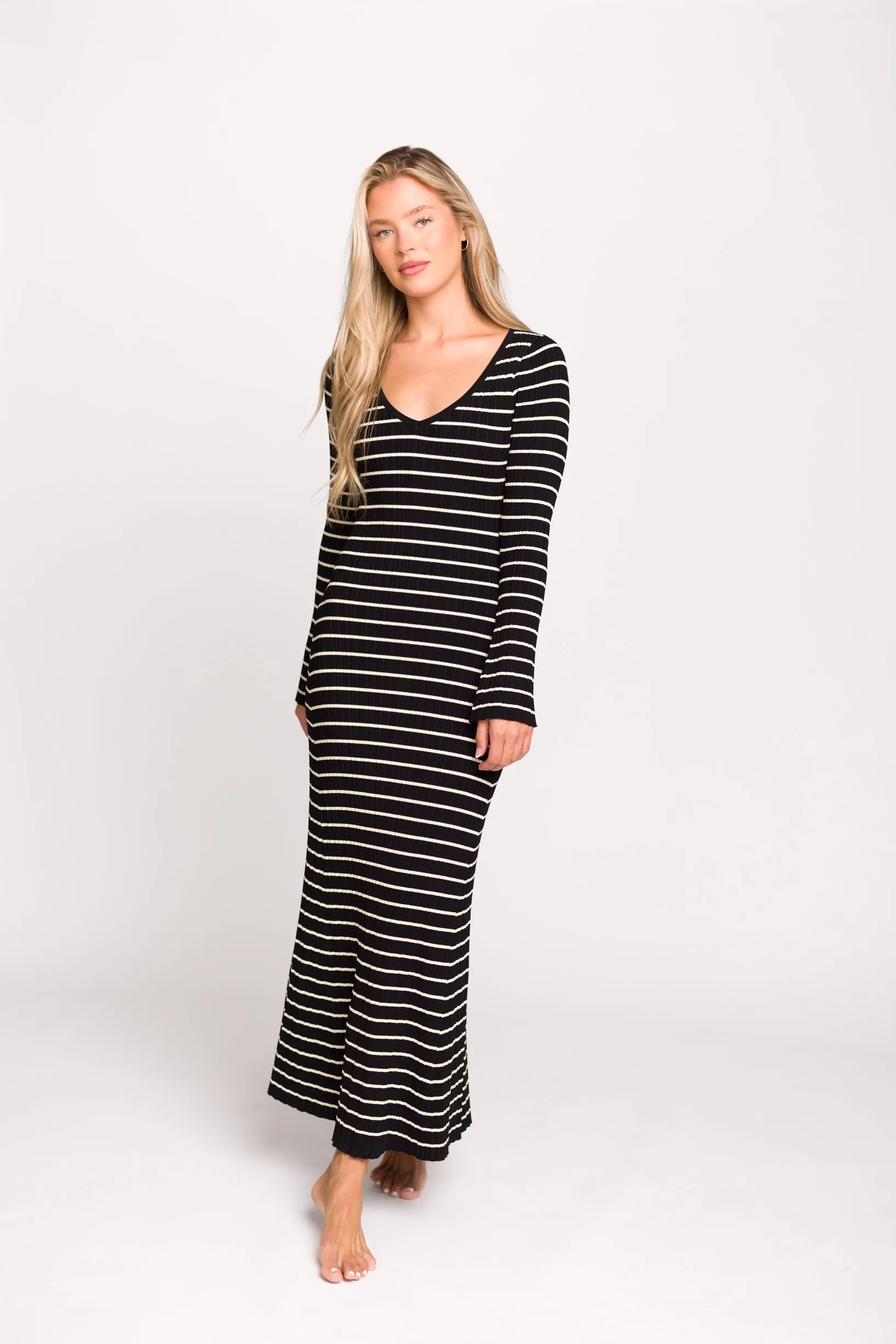 Keaton Knit Maxi Dress with V-Neckline in Black/Cream Stripe