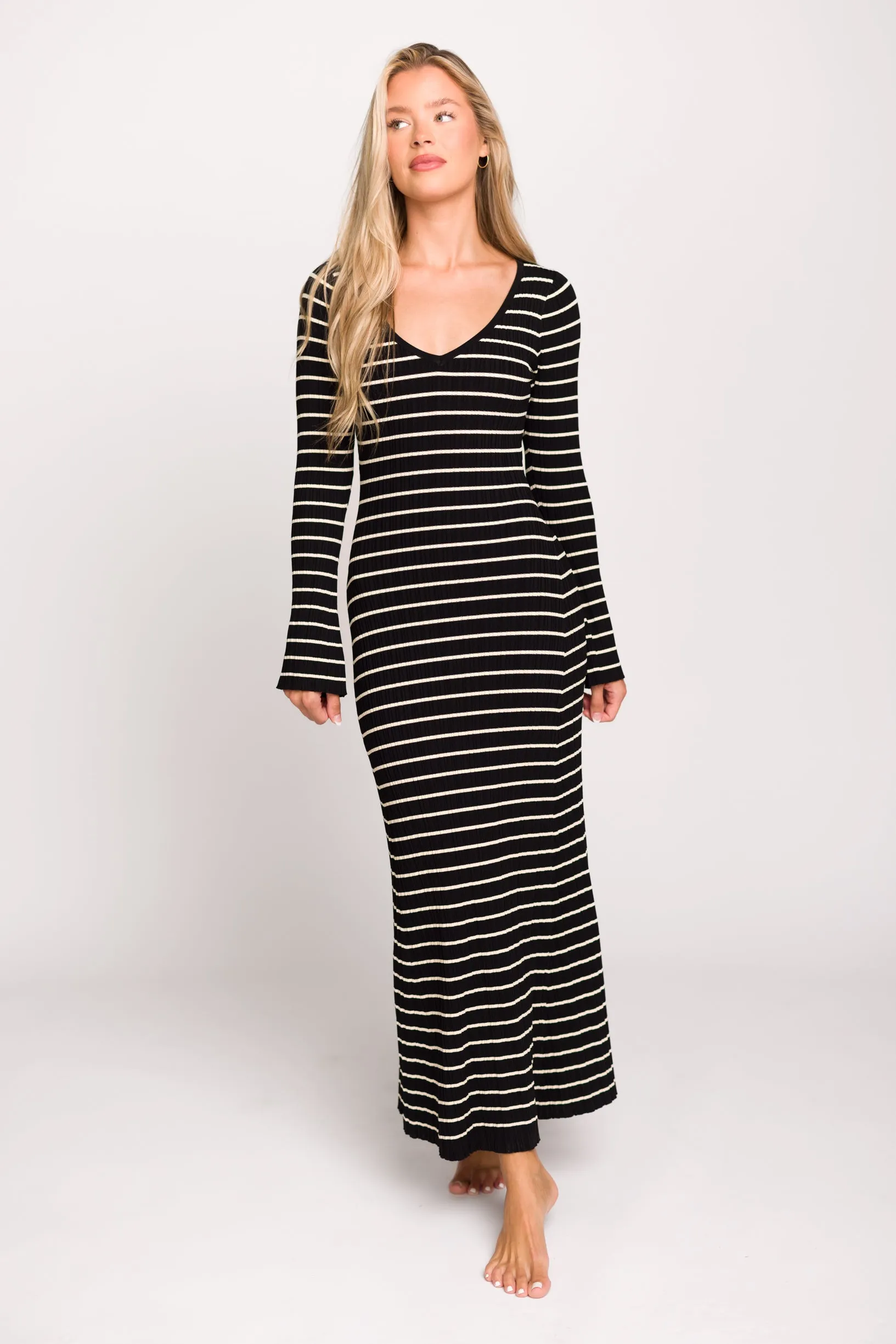 Keaton Knit Maxi Dress with V-Neckline in Black/Cream Stripe
