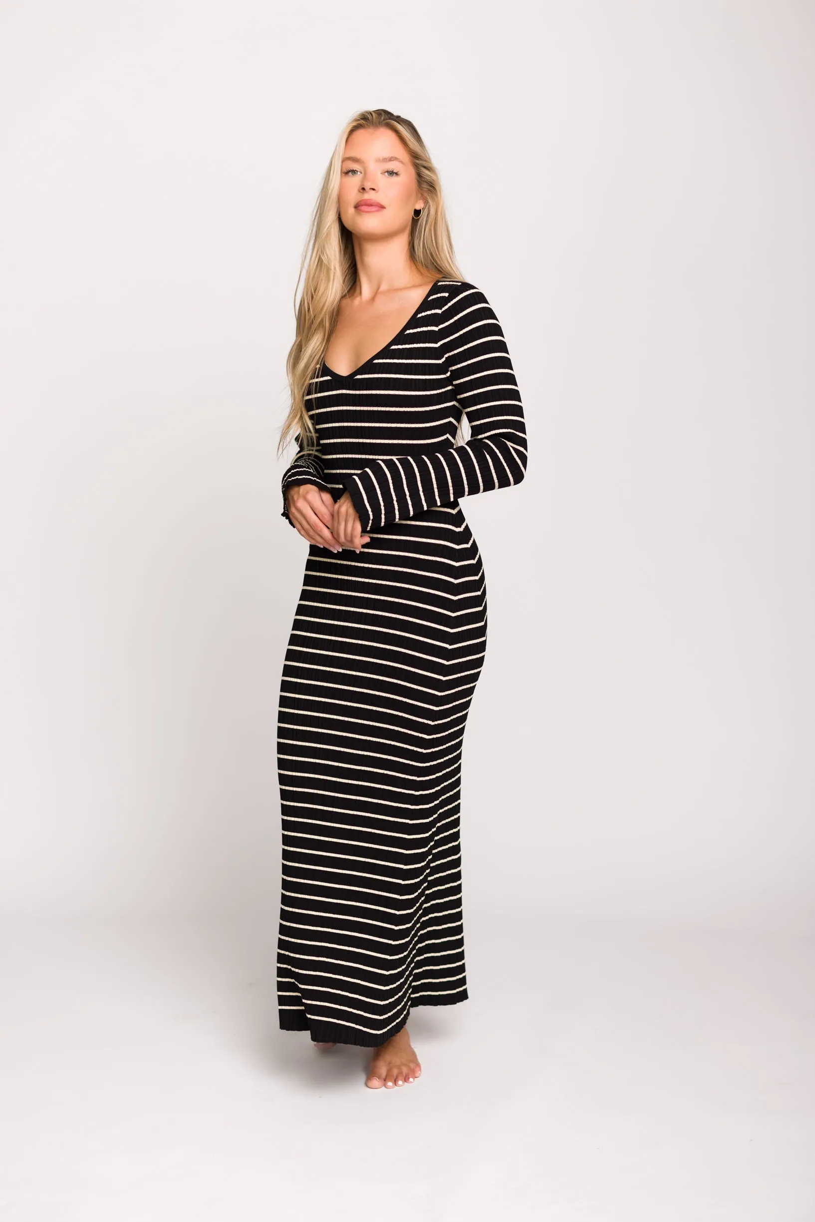 Keaton Knit Maxi Dress with V-Neckline in Black/Cream Stripe