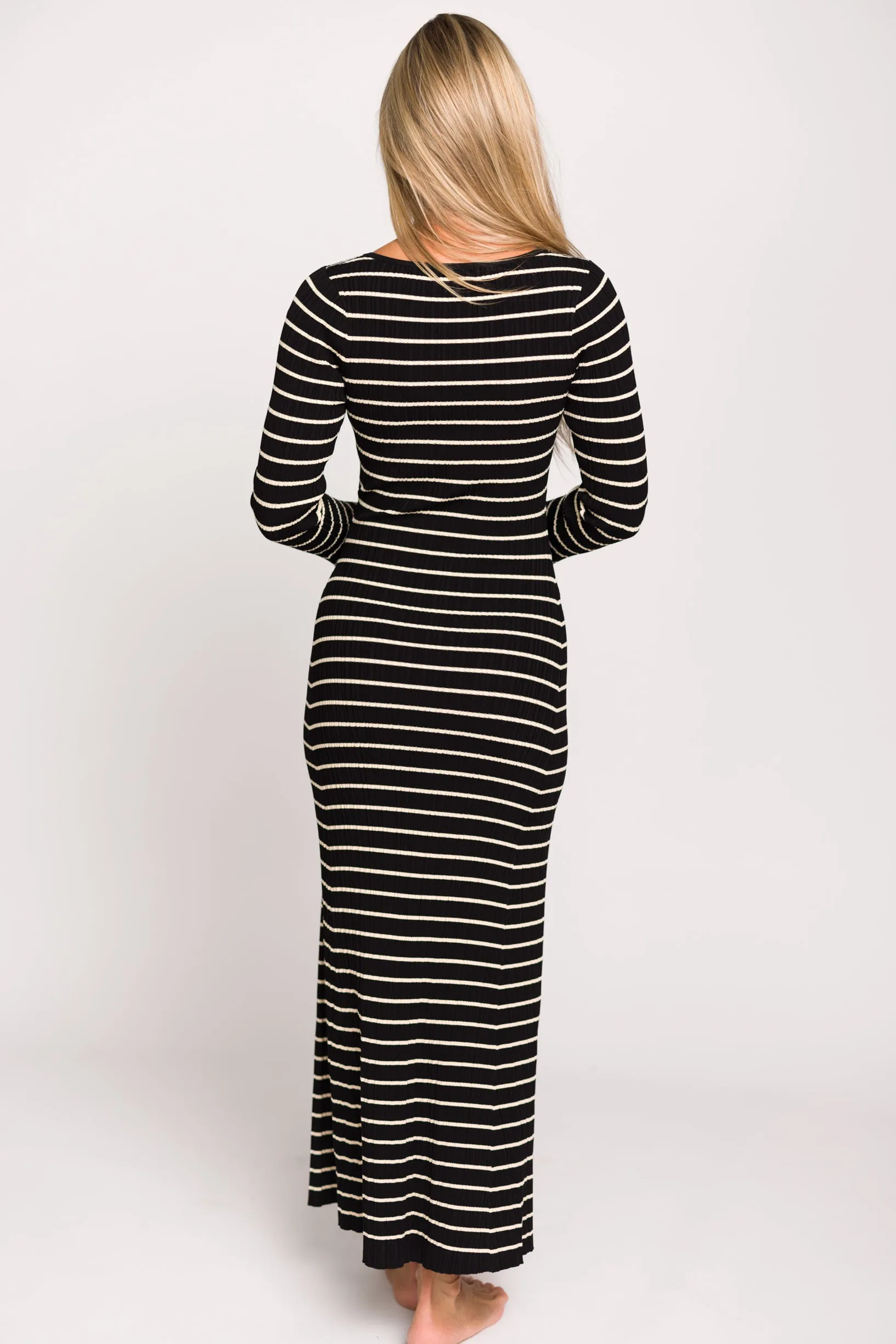 Keaton Knit Maxi Dress with V-Neckline in Black/Cream Stripe