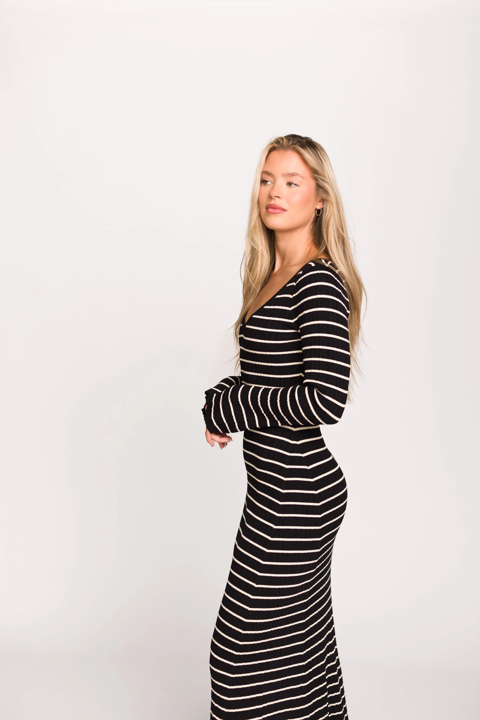 Keaton Knit Maxi Dress with V-Neckline in Black/Cream Stripe