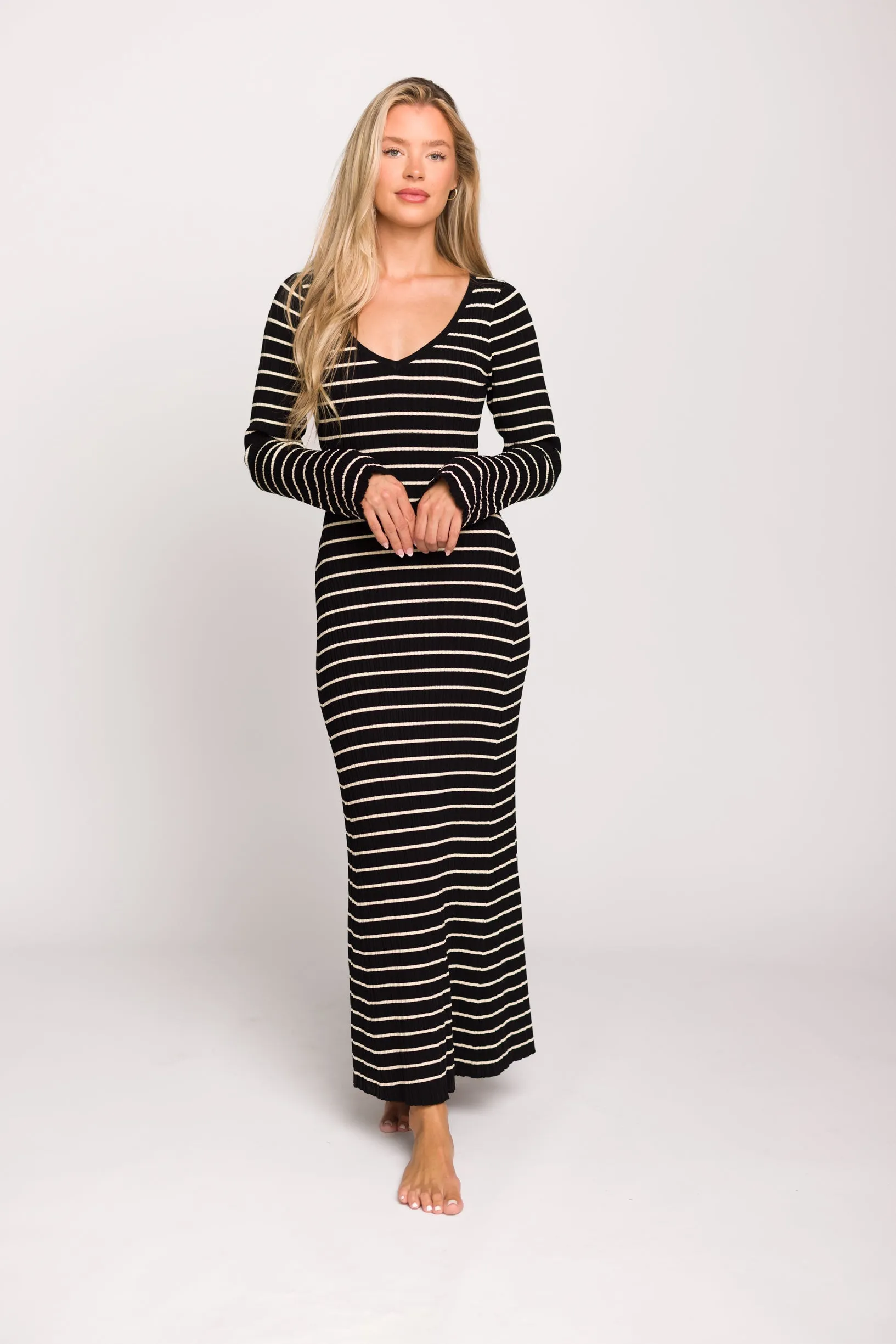 Keaton Knit Maxi Dress with V-Neckline in Black/Cream Stripe