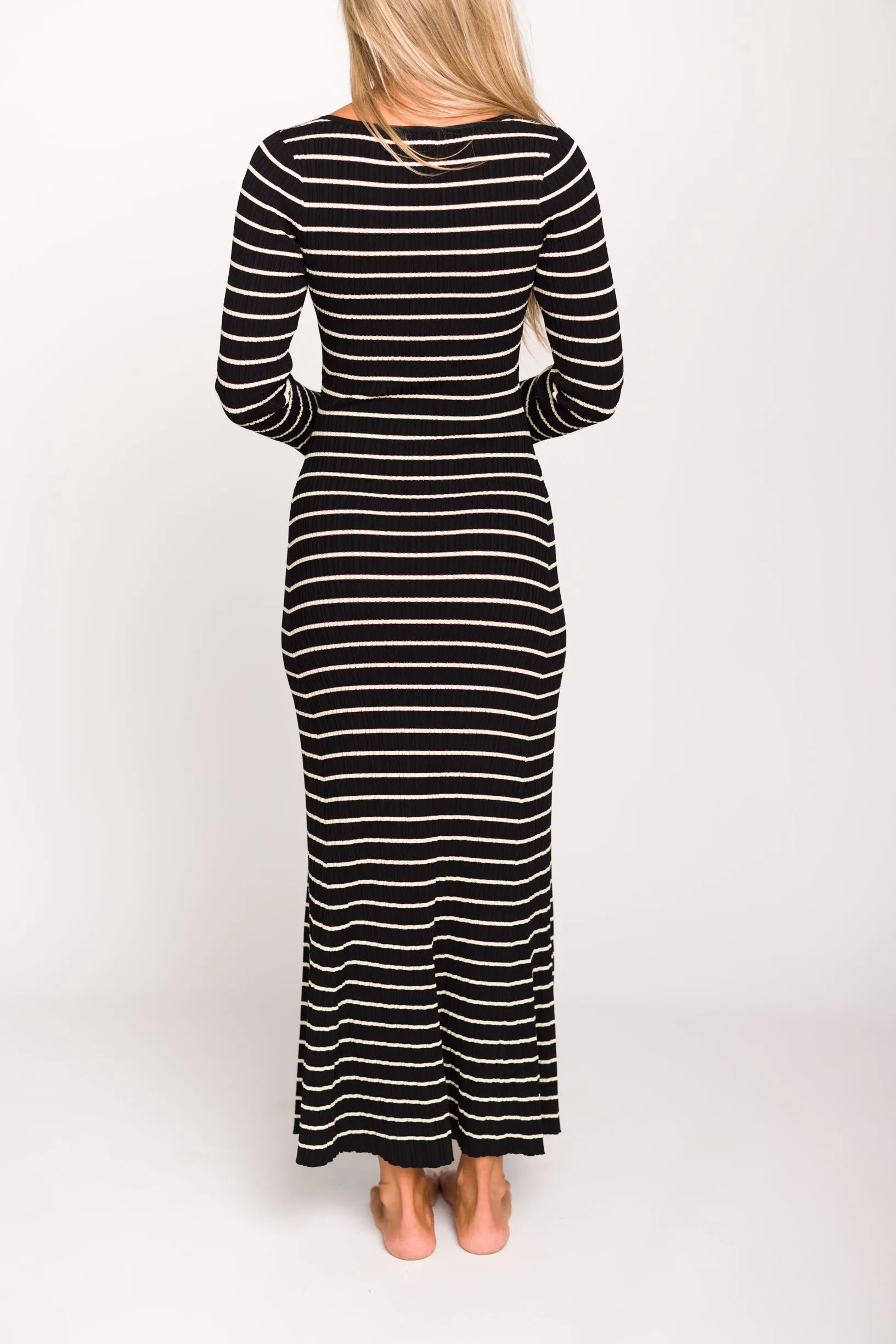 Keaton Knit Maxi Dress with V-Neckline in Black/Cream Stripe