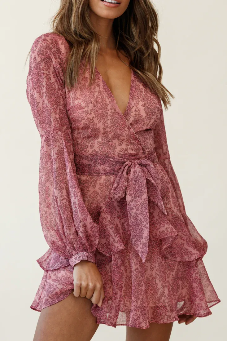 Kerry Layered Balloon Sleeve Dress Flower Pattern Pink