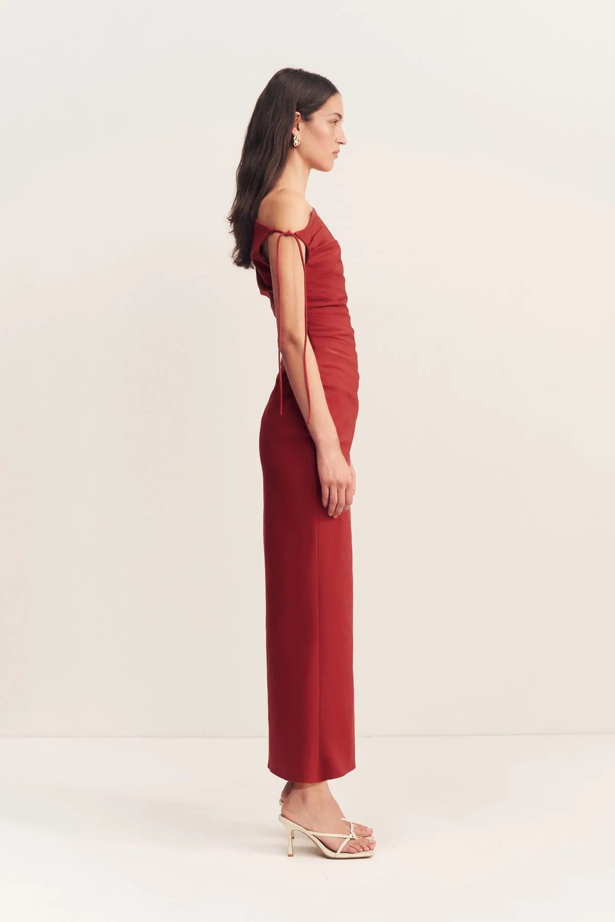 LANI GATHERED MIDI DRESS - RED DAHLIA