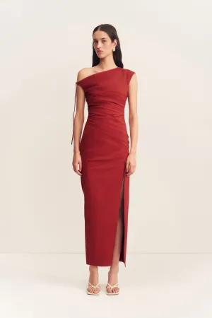 LANI GATHERED MIDI DRESS - RED DAHLIA