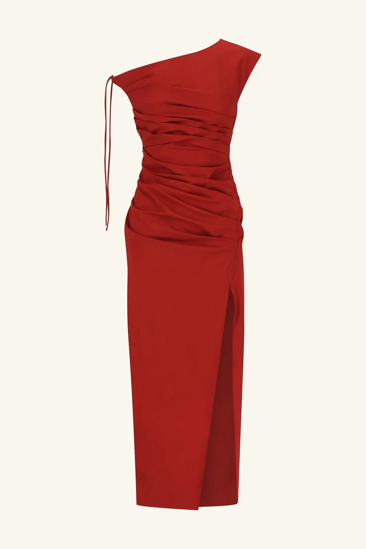 LANI GATHERED MIDI DRESS - RED DAHLIA