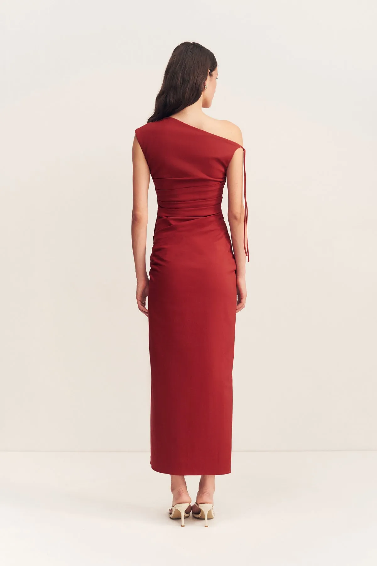 LANI GATHERED MIDI DRESS - RED DAHLIA