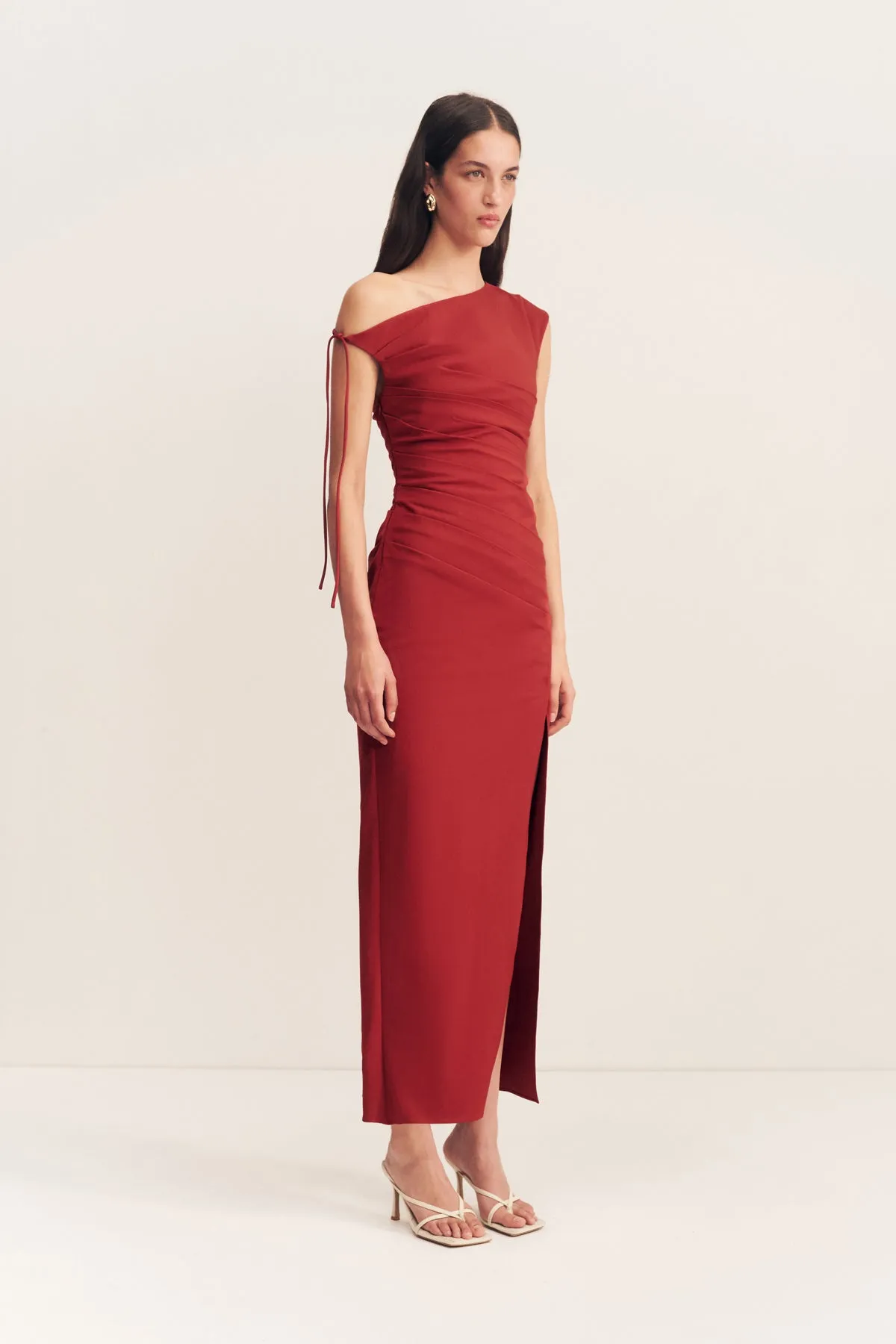 LANI GATHERED MIDI DRESS - RED DAHLIA