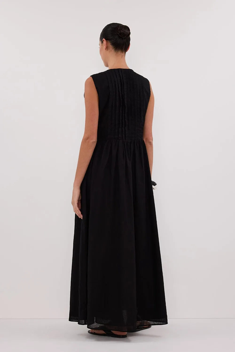 LARS BLACK PINTUCK LINEN MIDI DRESS