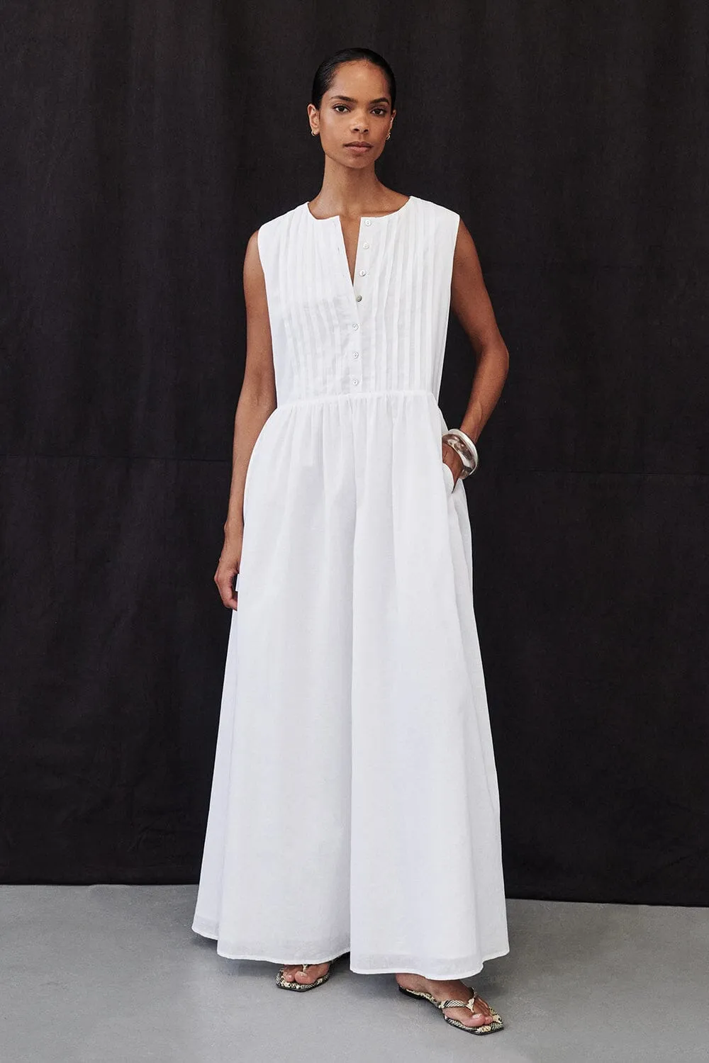 LARS WHITE PINTUCK LINEN MIDI DRESS
