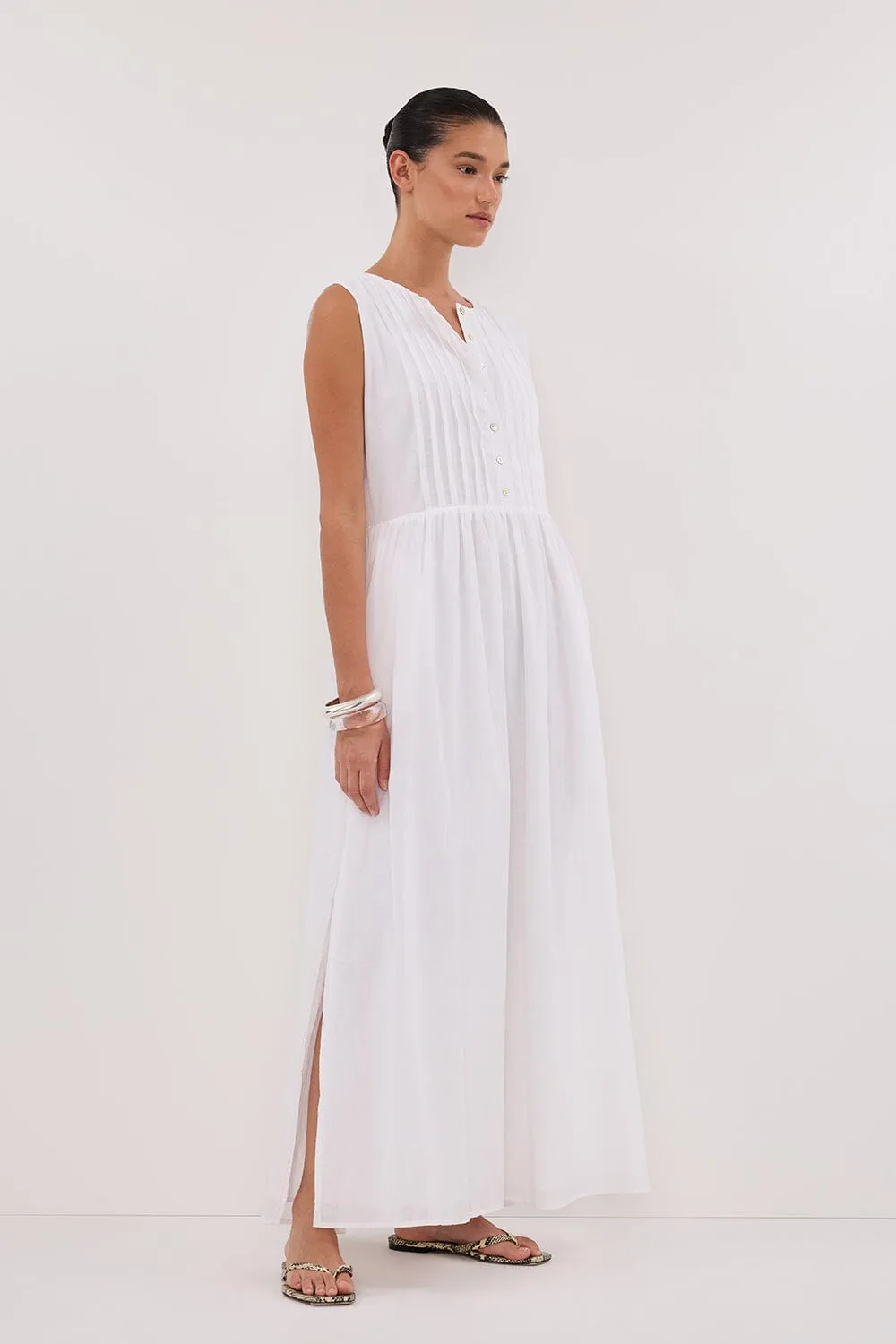 LARS WHITE PINTUCK LINEN MIDI DRESS