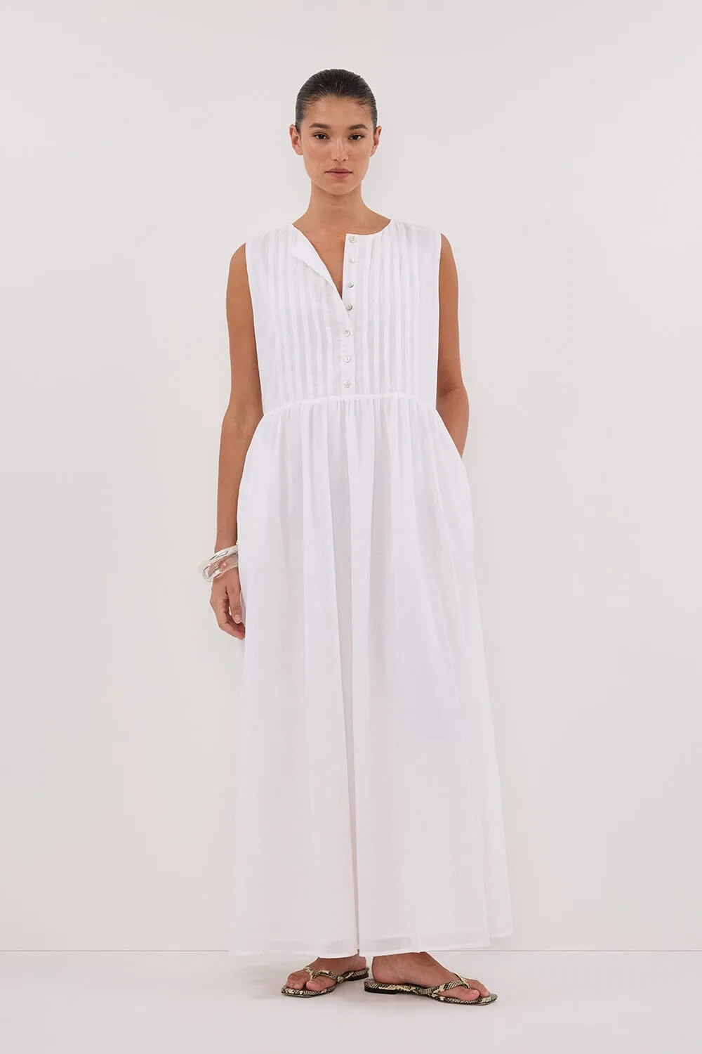 LARS WHITE PINTUCK LINEN MIDI DRESS