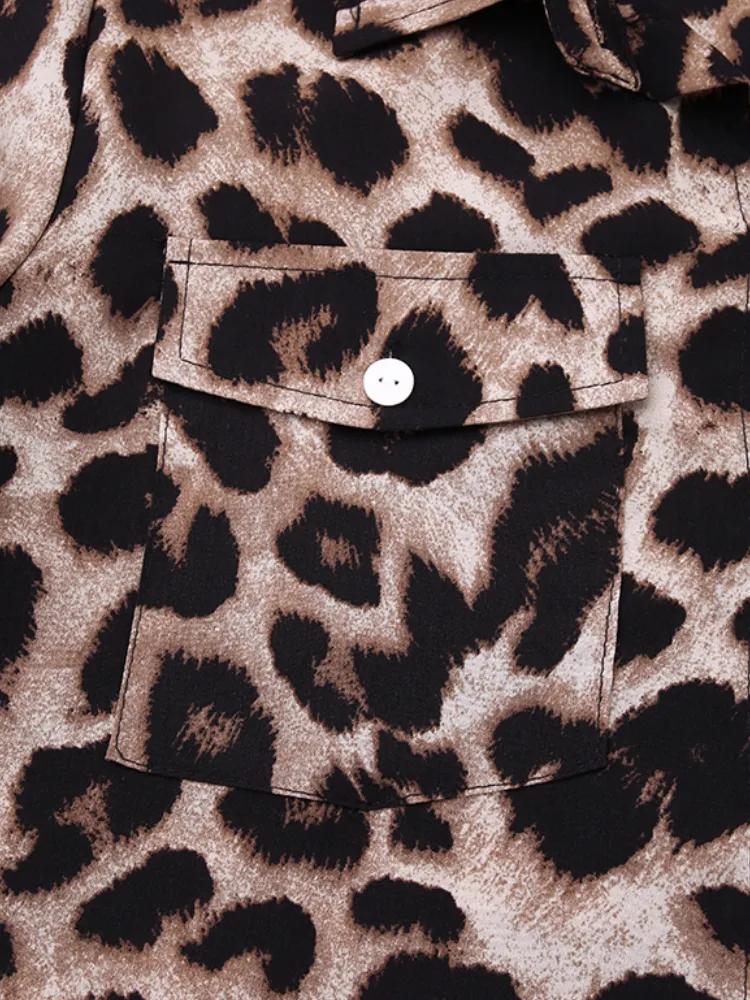 Leopard Print Lapel Long Sleeve Pockets Shirt Women Maxi Dress