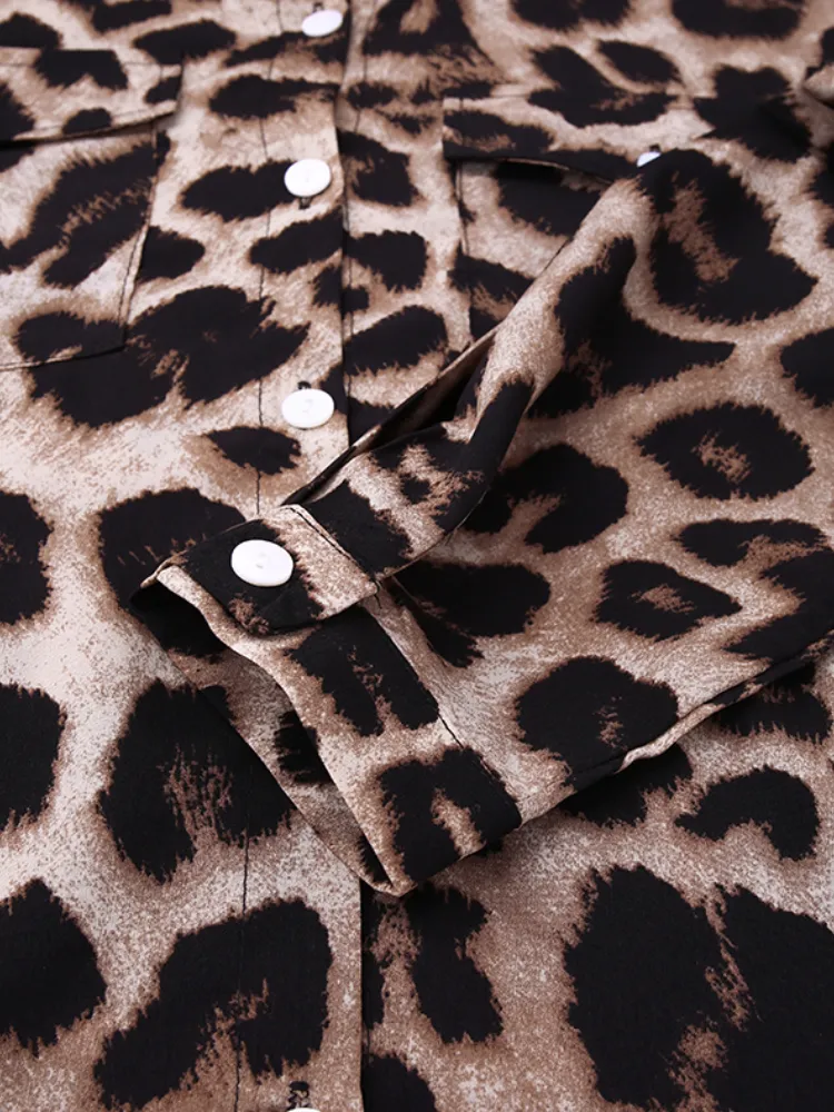 Leopard Print Lapel Long Sleeve Pockets Shirt Women Maxi Dress