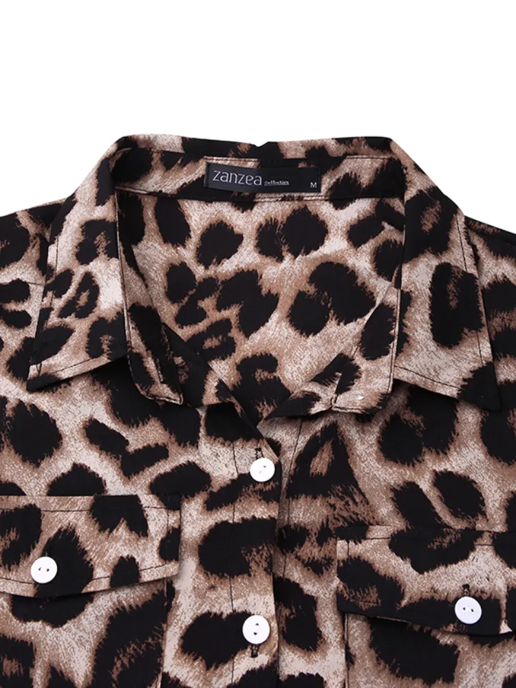 Leopard Print Lapel Long Sleeve Pockets Shirt Women Maxi Dress