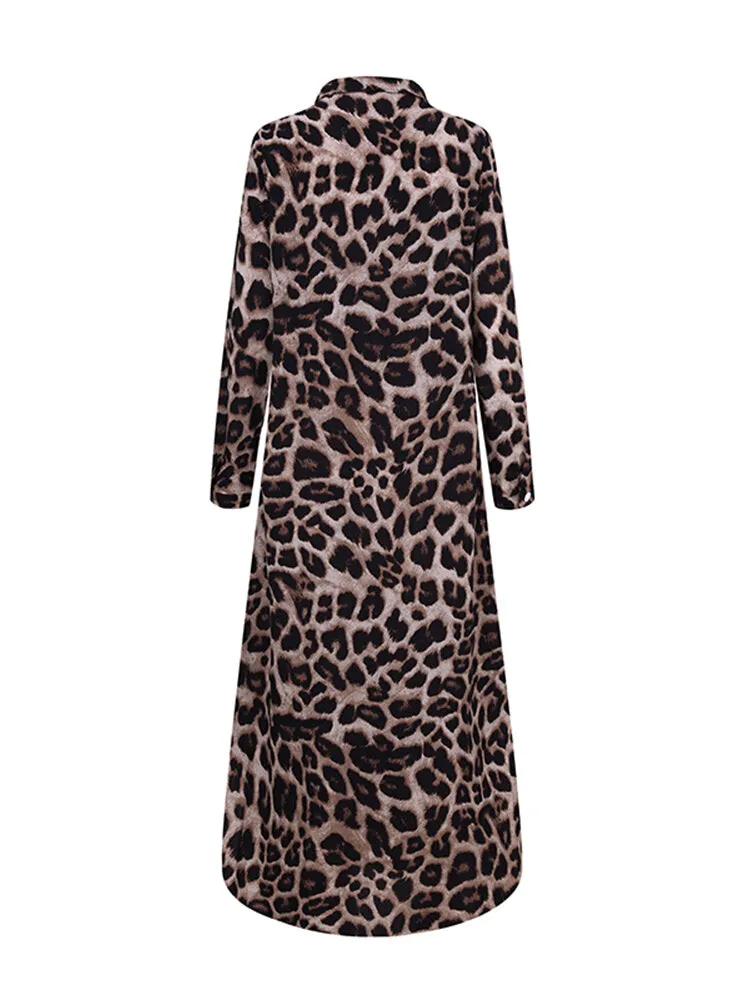 Leopard Print Lapel Long Sleeve Pockets Shirt Women Maxi Dress
