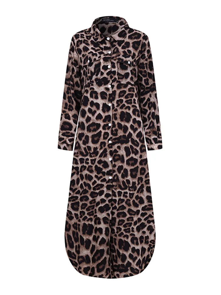 Leopard Print Lapel Long Sleeve Pockets Shirt Women Maxi Dress