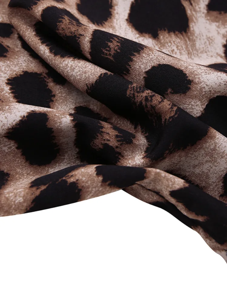 Leopard Print Lapel Long Sleeve Pockets Shirt Women Maxi Dress
