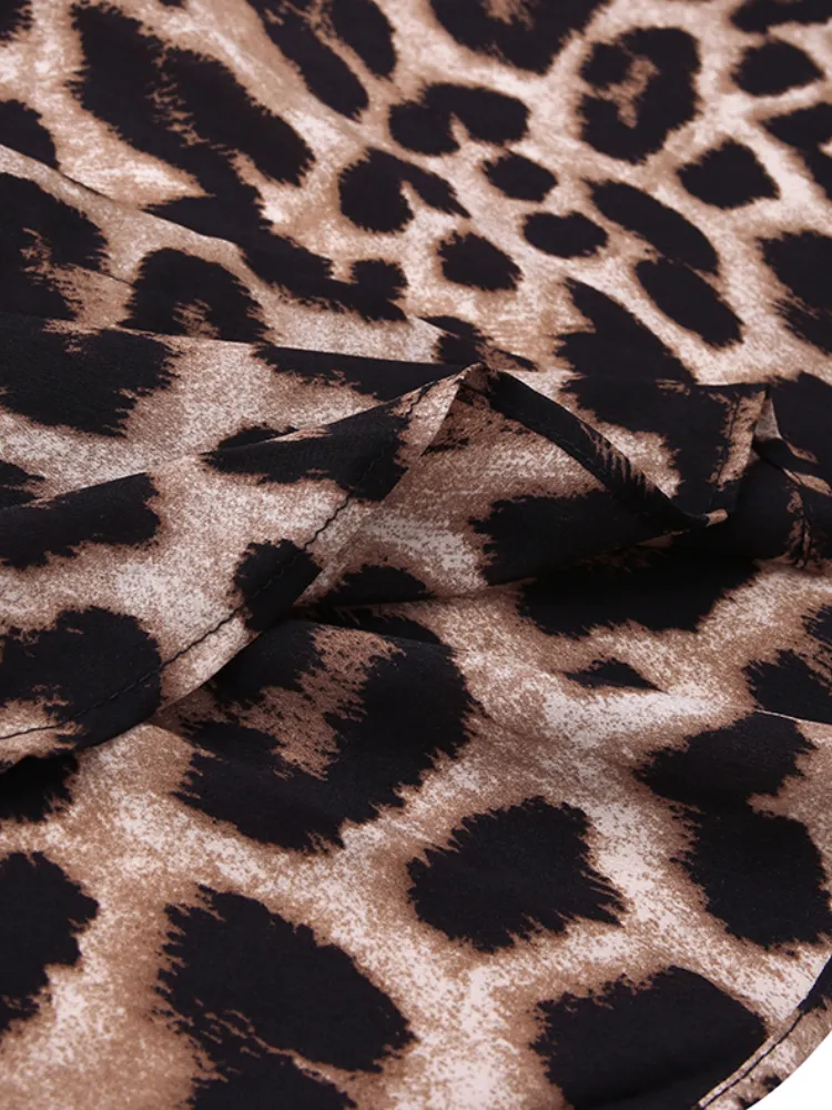 Leopard Print Lapel Long Sleeve Pockets Shirt Women Maxi Dress