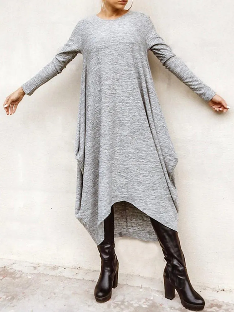 Long Sleeve Loose High Low Hem Midi Casual Women Midi Dress