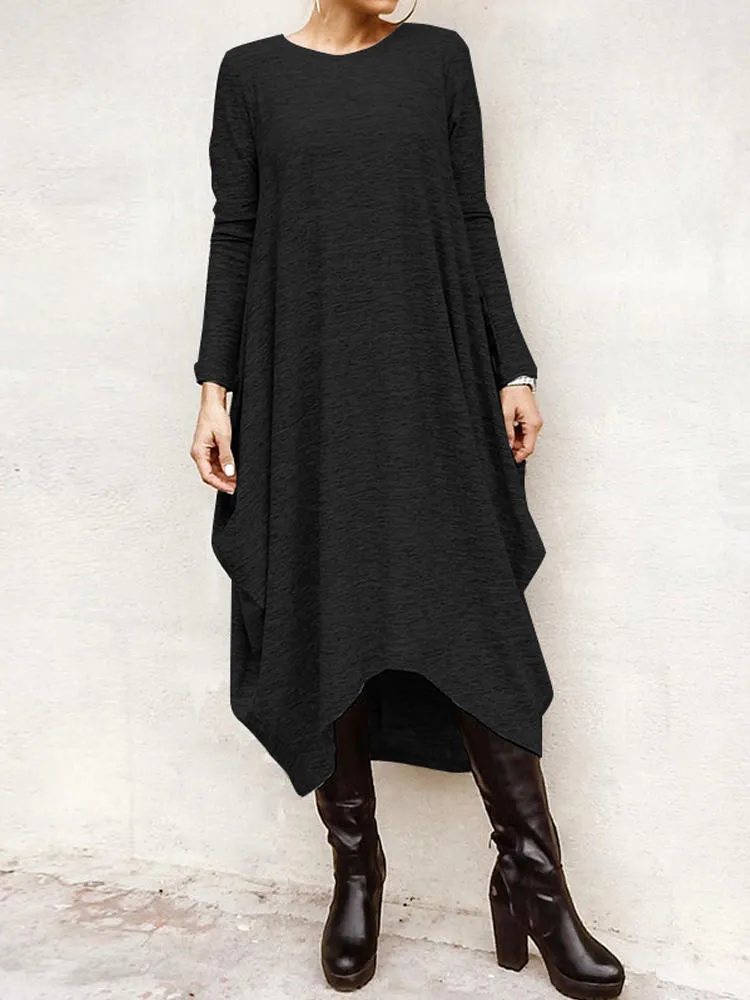 Long Sleeve Loose High Low Hem Midi Casual Women Midi Dress