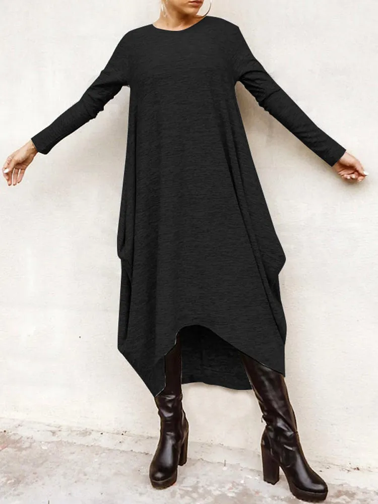Long Sleeve Loose High Low Hem Midi Casual Women Midi Dress