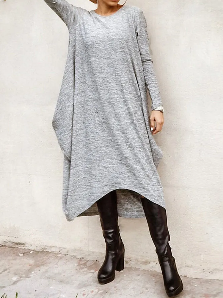 Long Sleeve Loose High Low Hem Midi Casual Women Midi Dress