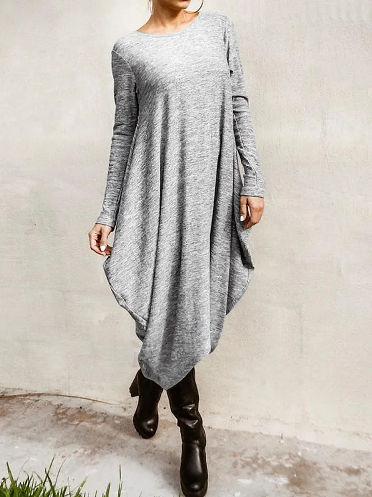 Long Sleeve Loose High Low Hem Midi Casual Women Midi Dress
