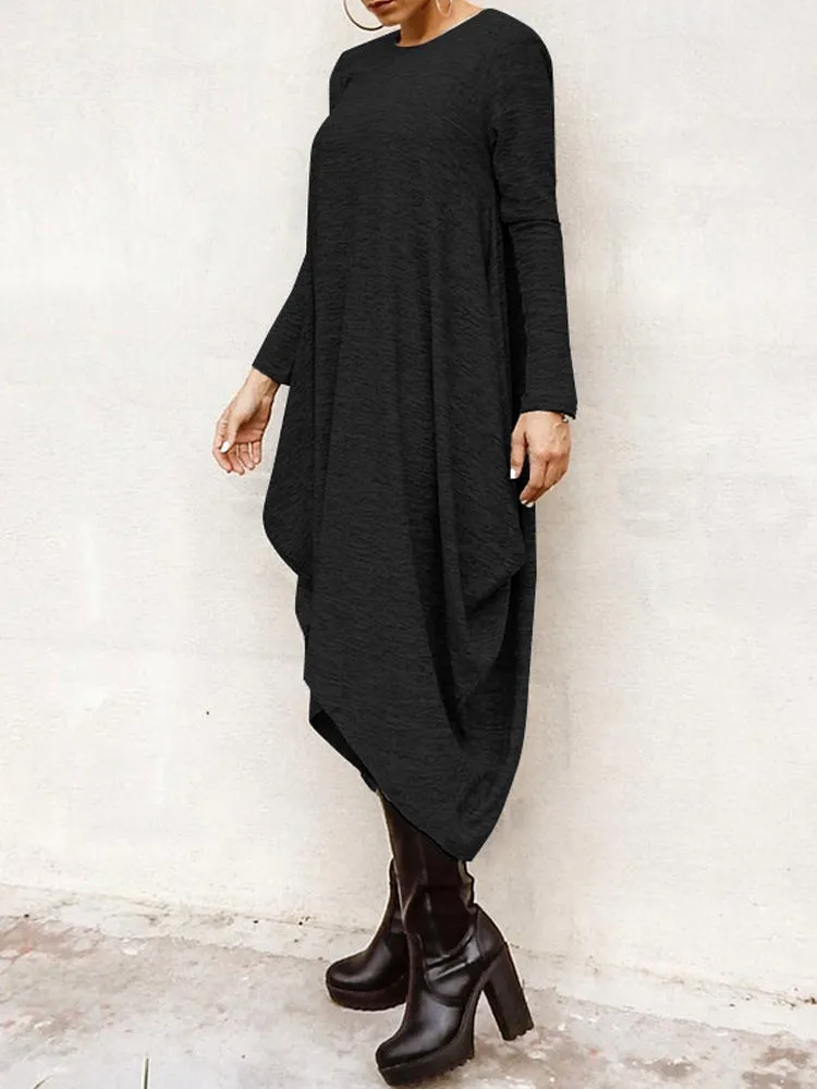 Long Sleeve Loose High Low Hem Midi Casual Women Midi Dress