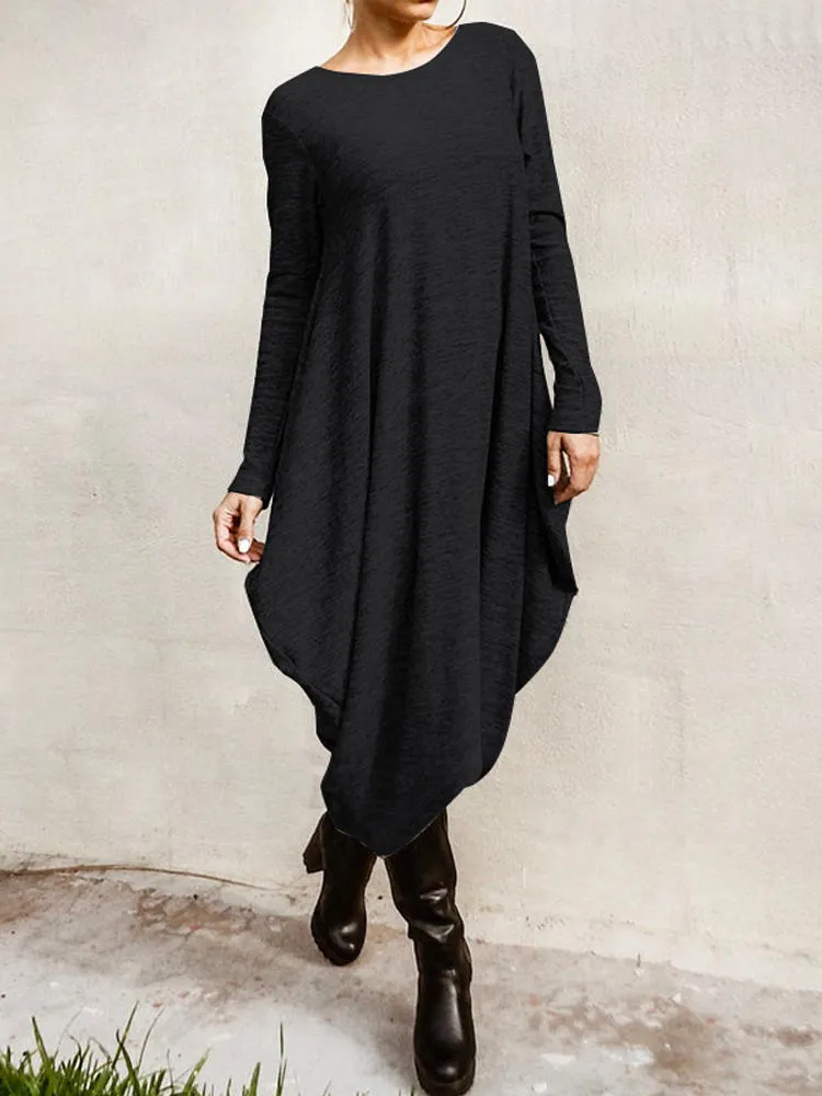Long Sleeve Loose High Low Hem Midi Casual Women Midi Dress