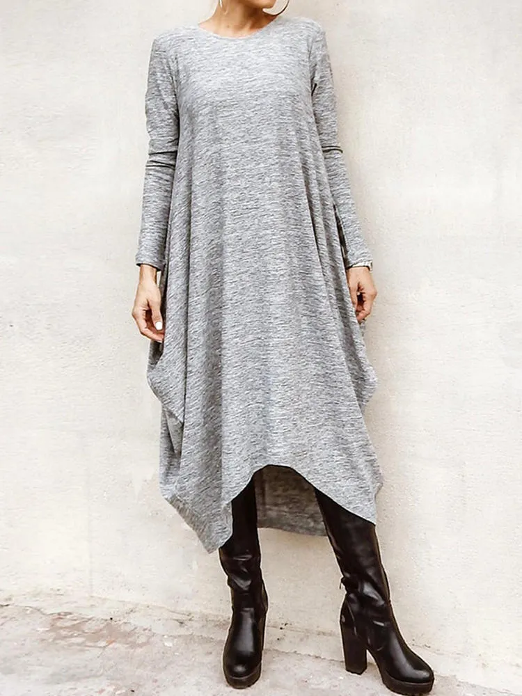 Long Sleeve Loose High Low Hem Midi Casual Women Midi Dress