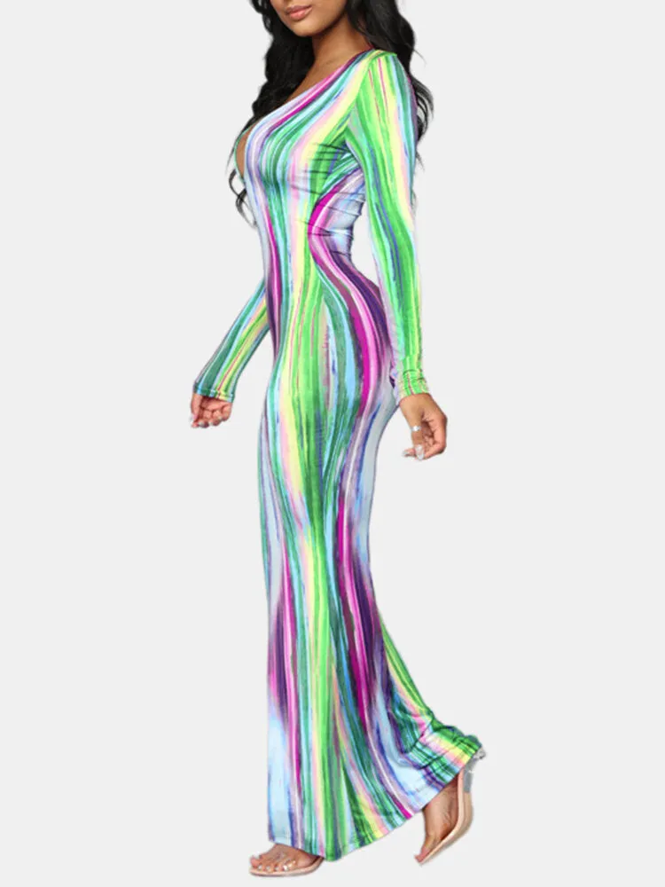 Long Sleeve V-neck Floral Print Bodycon Dresses Women Maxi Dress