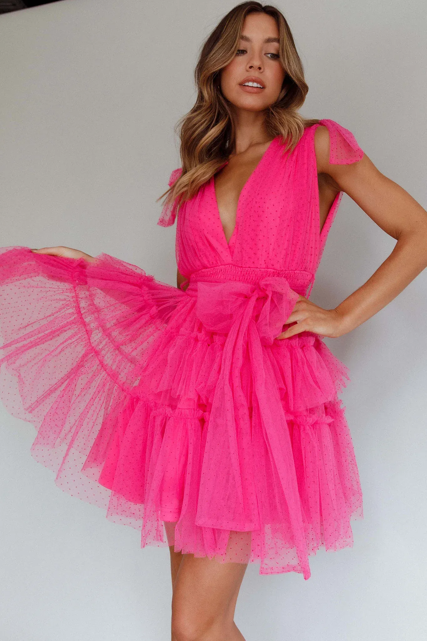 Lyra Spotted Tulle Mini Dress Hot Pink