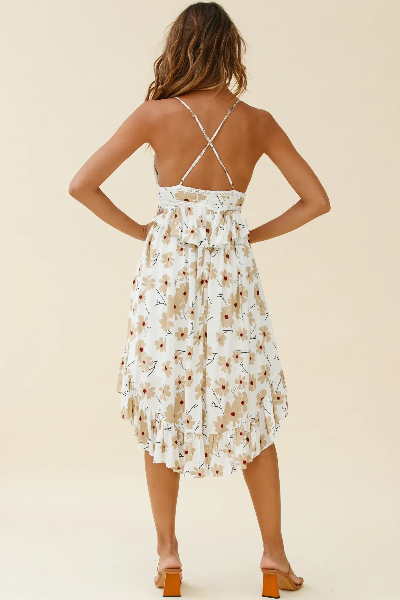 Marigold Peplum Midi Ruffle Dress Floral Print White