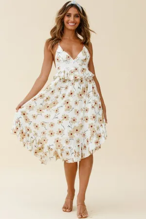 Marigold Peplum Midi Ruffle Dress Floral Print White