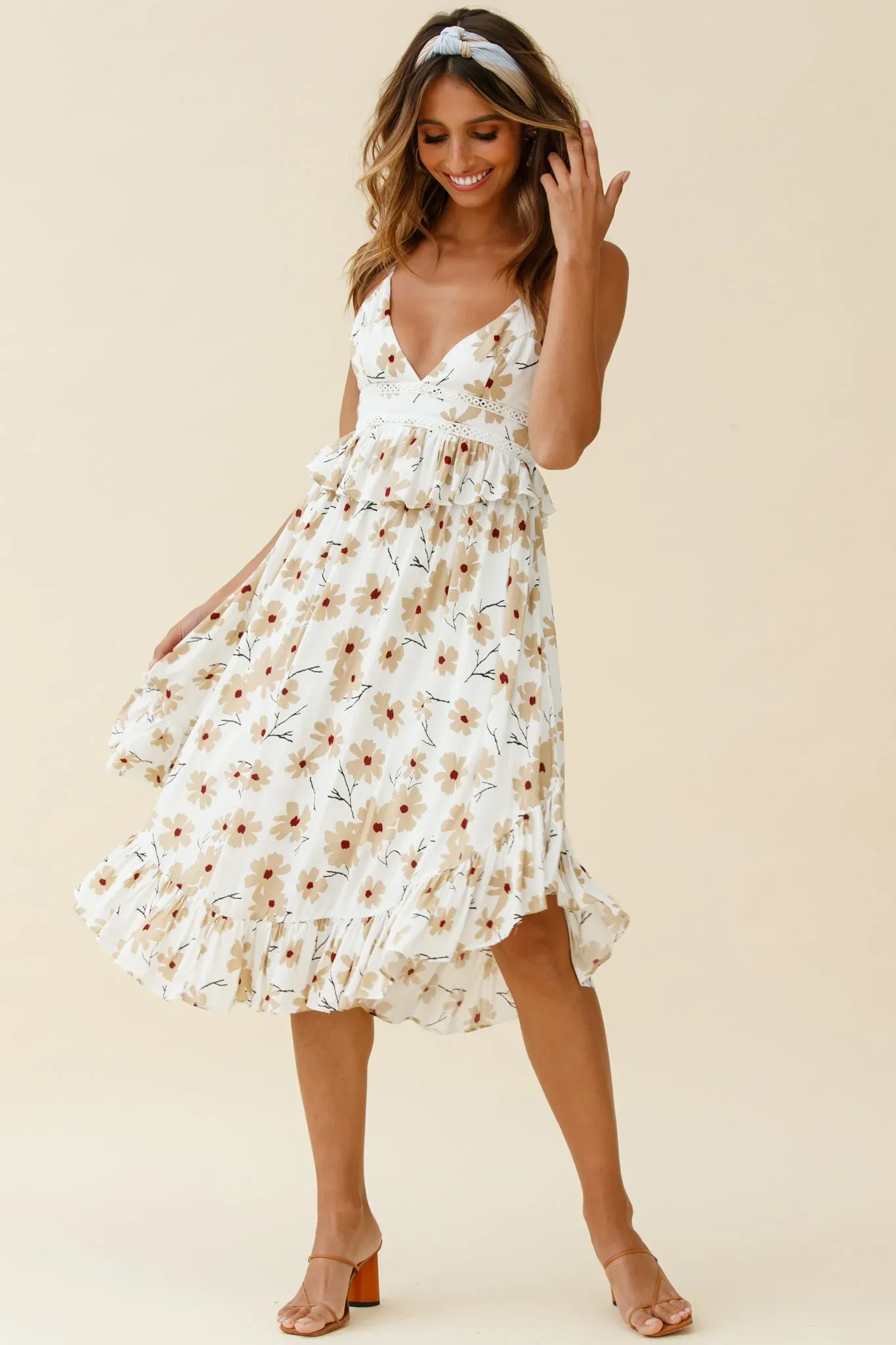 Marigold Peplum Midi Ruffle Dress Floral Print White