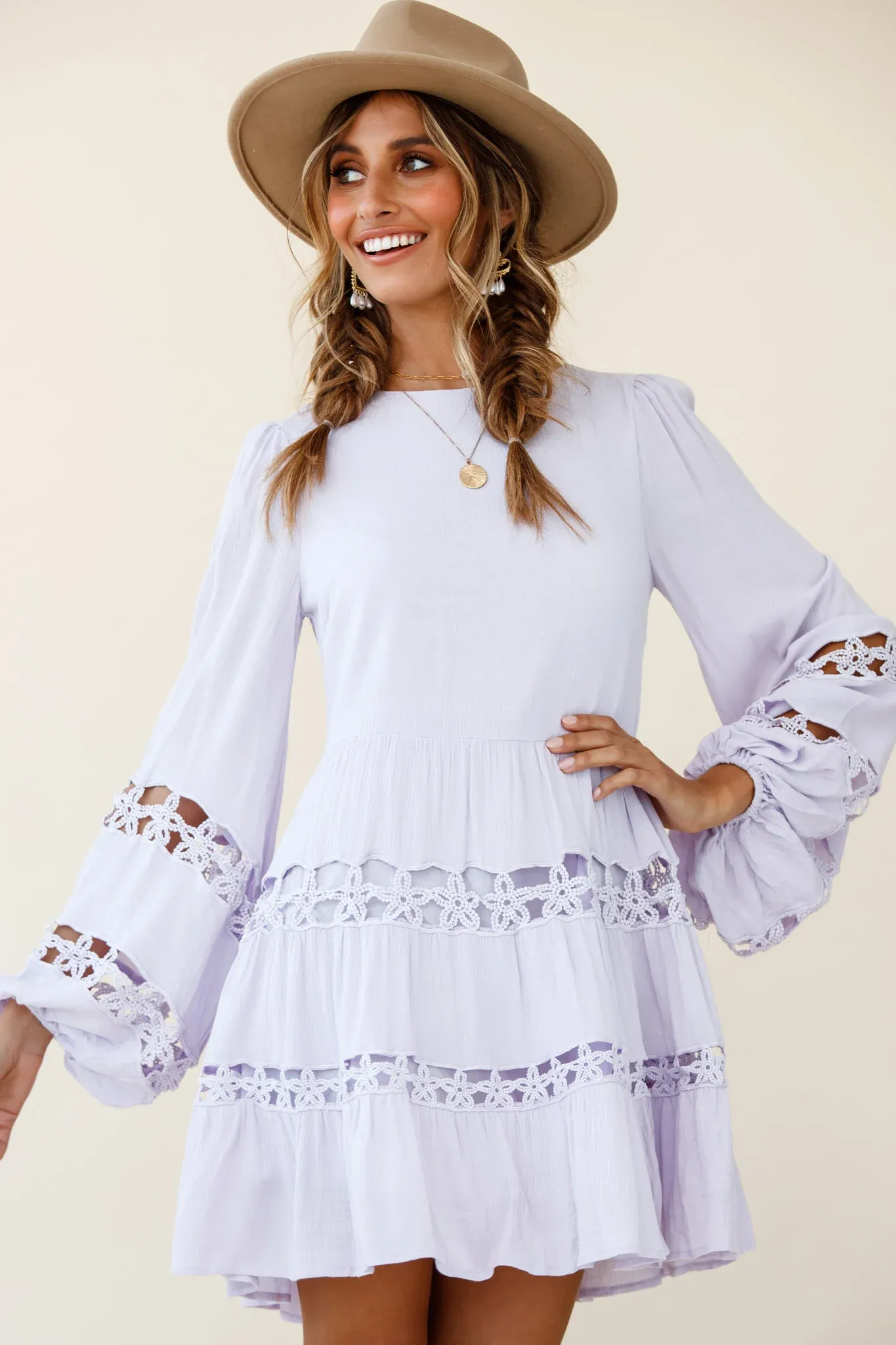 Miles Away Long Balloon Sleeve Trim Insert Dress Lilac