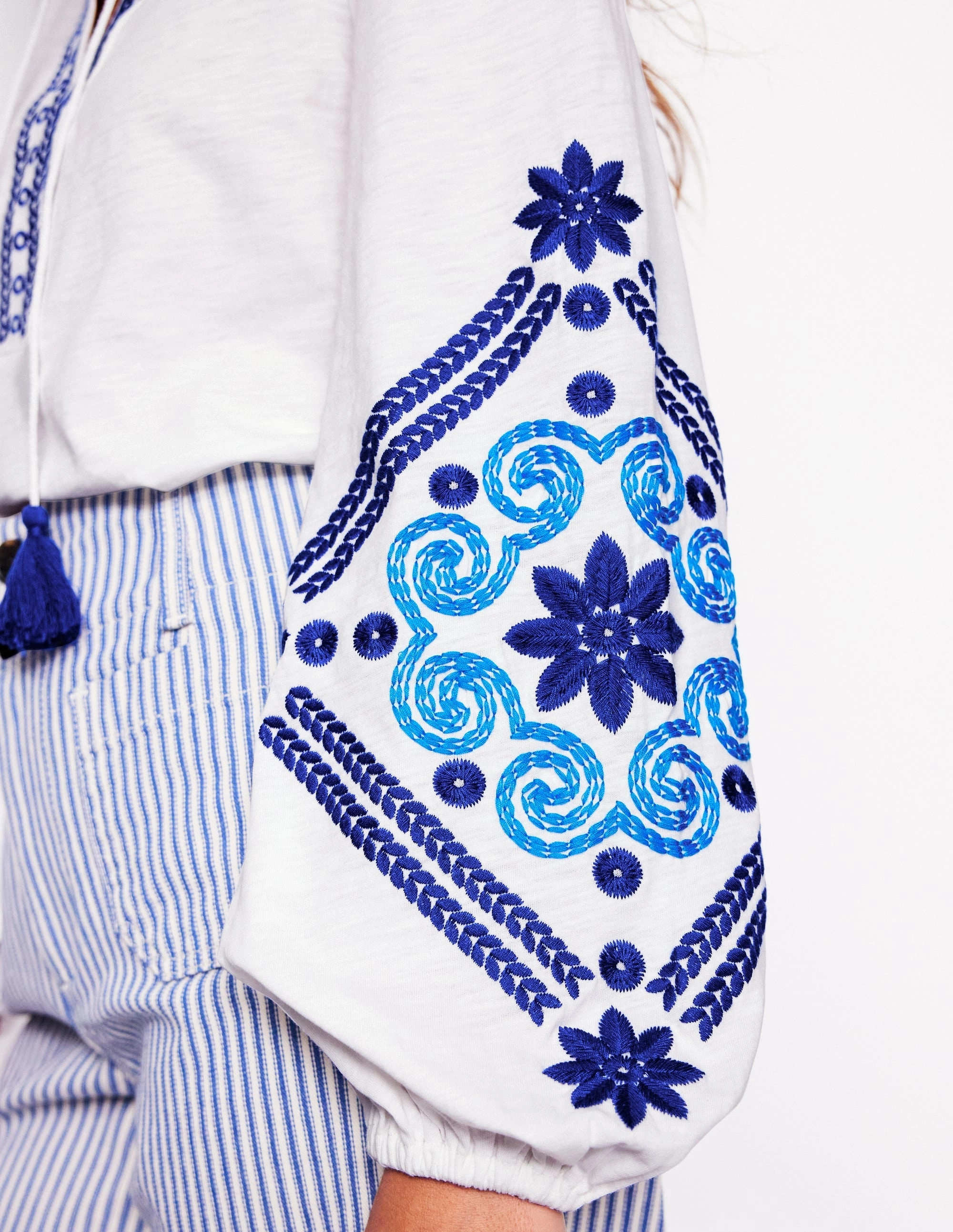 Nia Embroidered Top-White. Blue