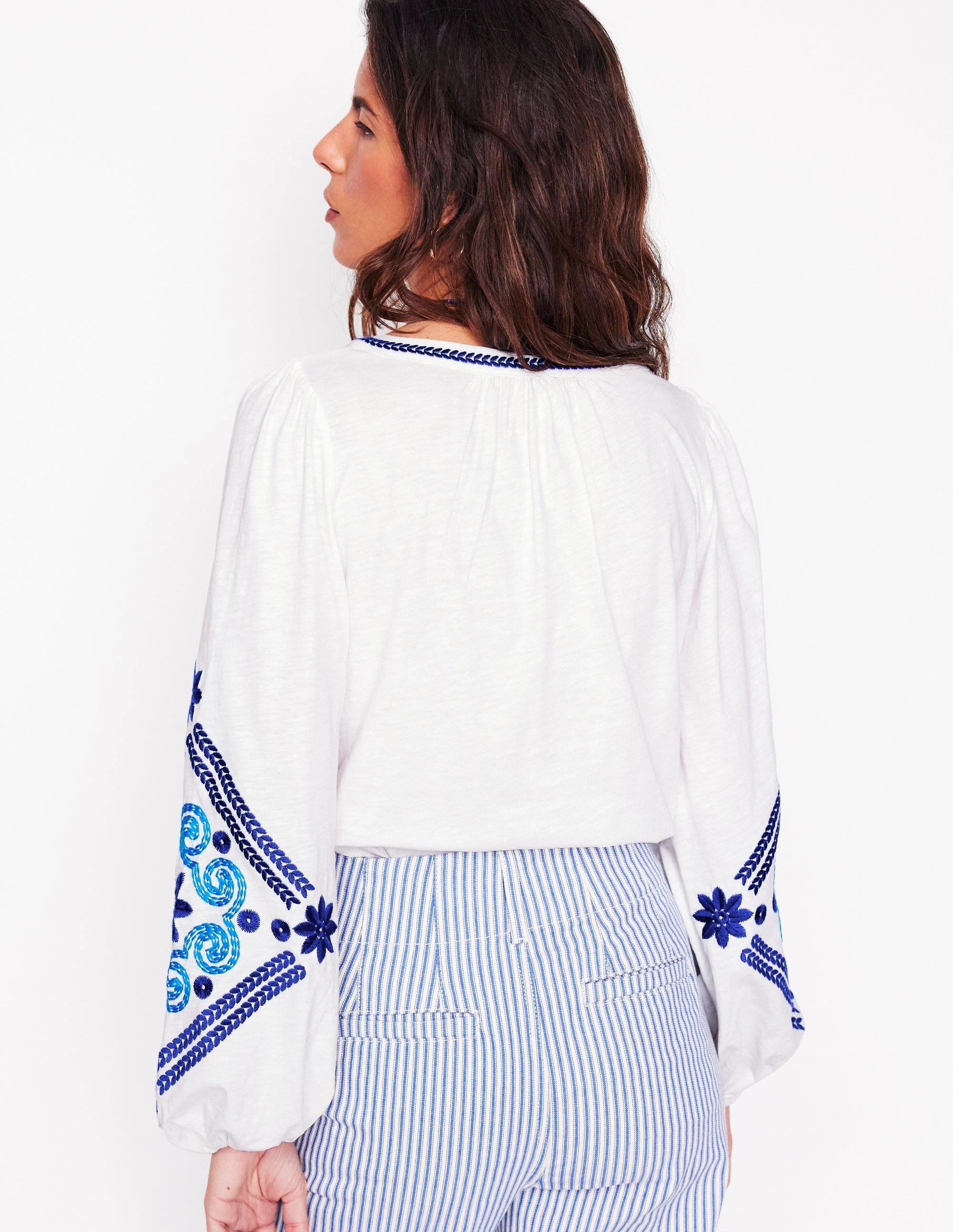 Nia Embroidered Top-White. Blue
