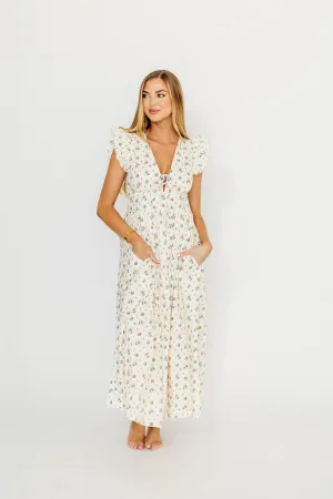 Nicole 100% Cotton Tie Front Ruffle Maxi Dress in Cream Multi Floral