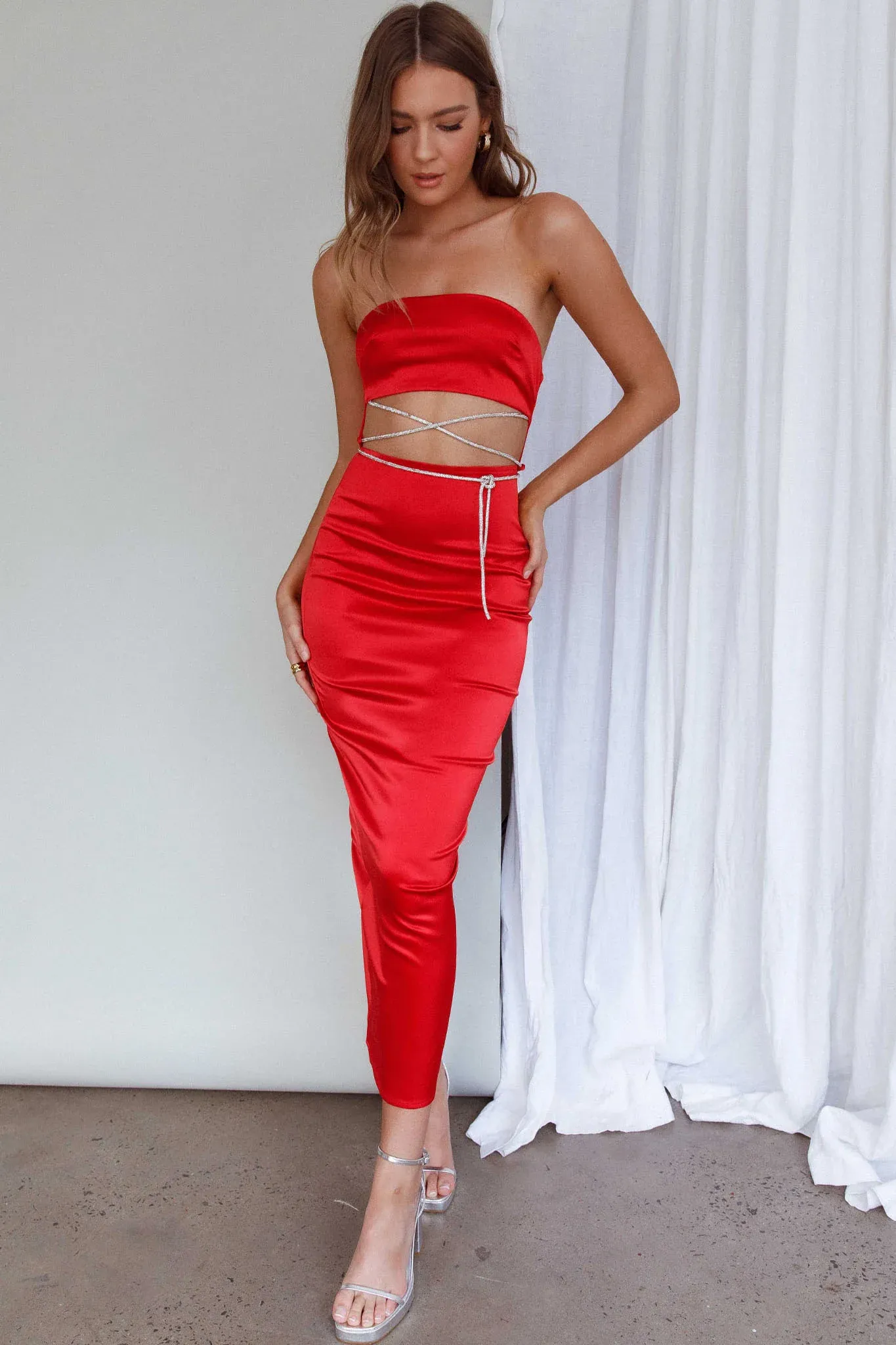 Nohemi Strapless Diamante Maxi Dress Red