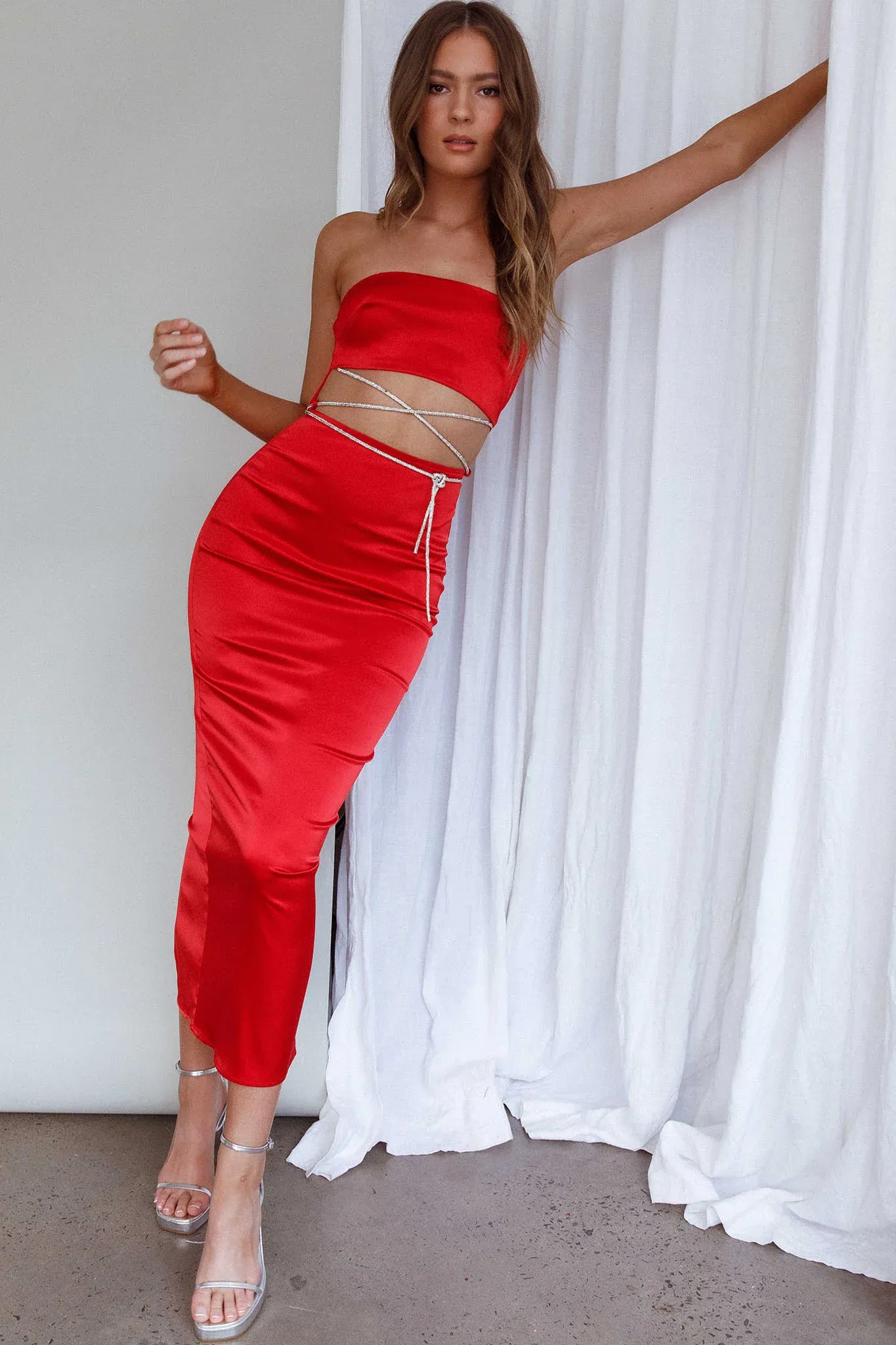 Nohemi Strapless Diamante Maxi Dress Red