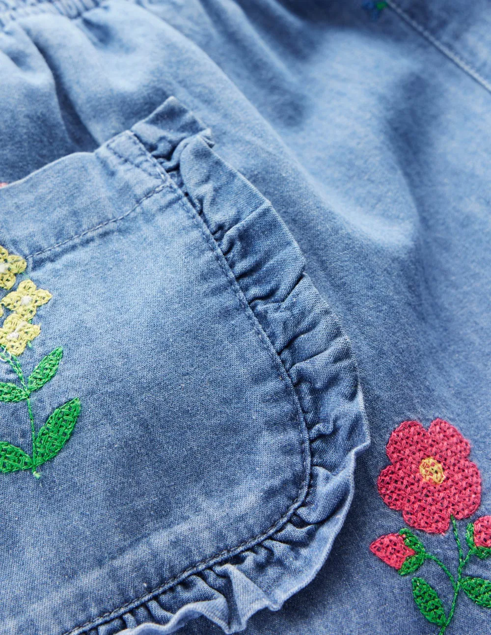 Nostalgic Frill Trousers-Chambray Cross Stitch Flowers